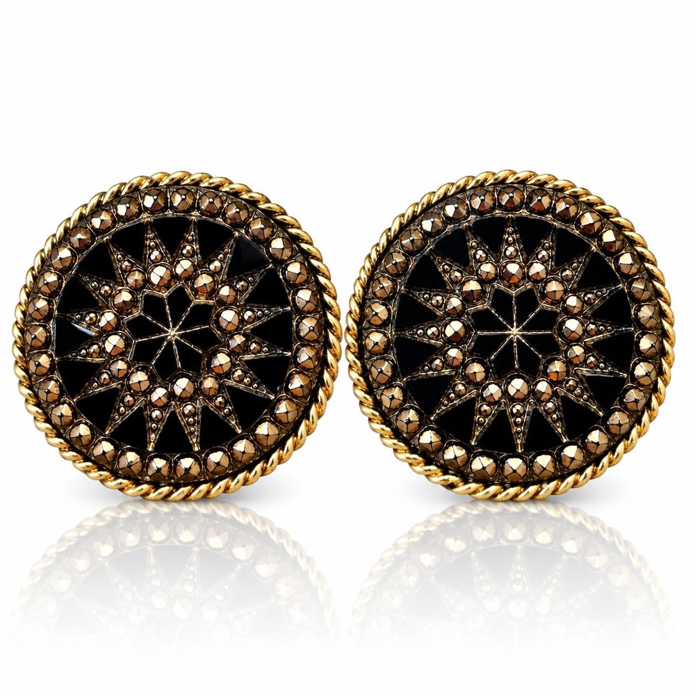 Vintage LJM Laurentian Clip On Earrings Black Gold Starburst Marcasite Style